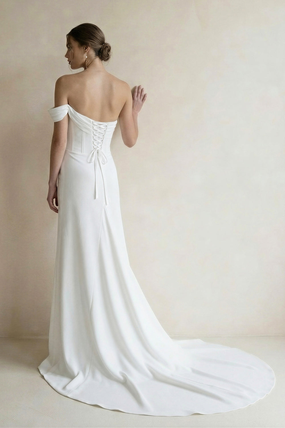 Sheath Off The Shoulder Satin Wedding Dress With Slit - KISS BRIDAL Wedding Dresses