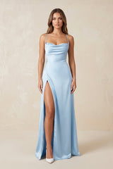 Sheath Ruched Blue Satin Long Prom Dress with Slit in Blue - KISS BRIDAL 