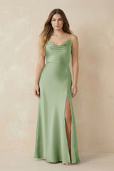 Spaghetti Strap Sheath Satin Bridesmaid Dress With Slit in Sage - KissProm Bridesmaid Dresses
