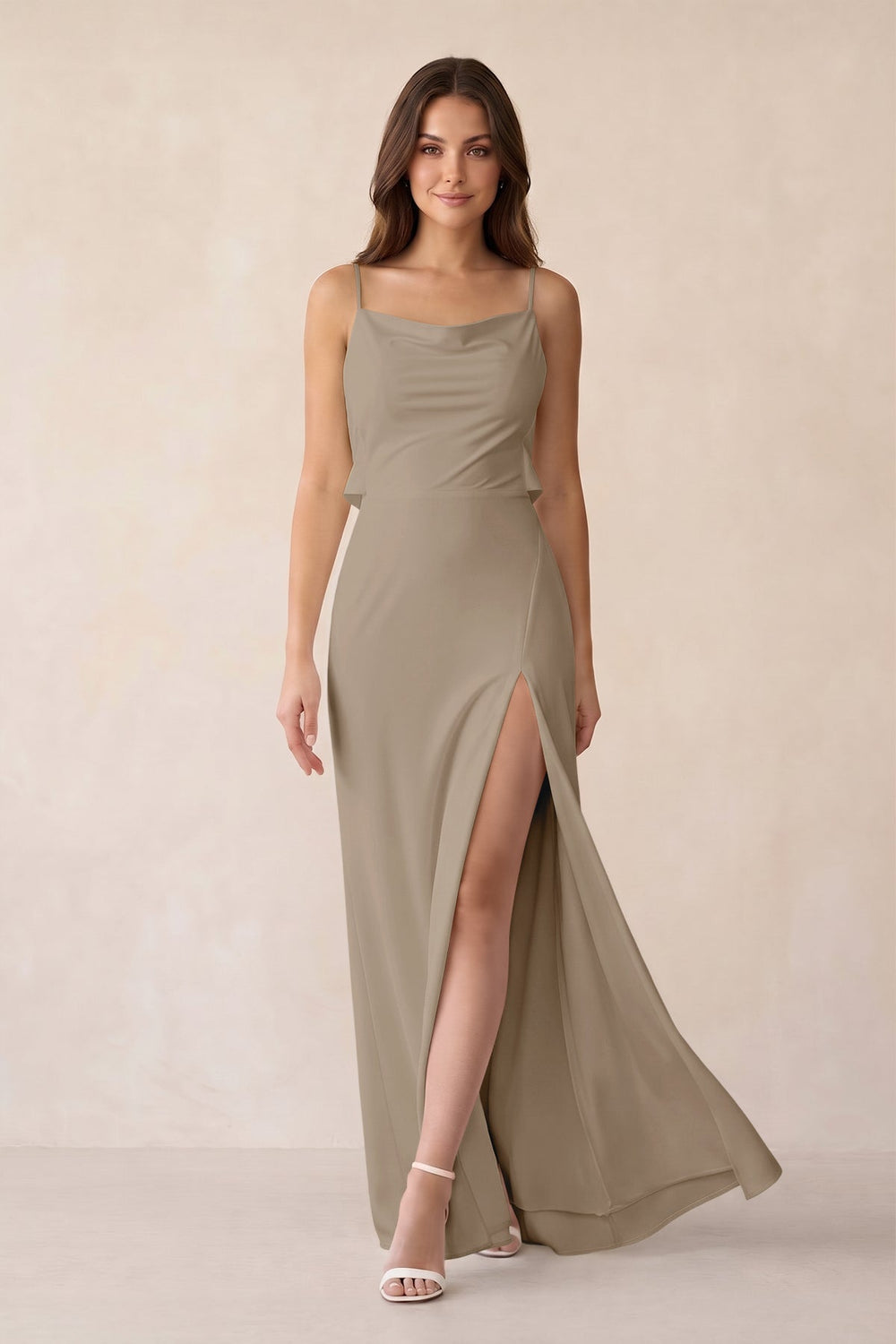 Sheath Satin Bridesmaid Dress with Side Slit in Almond - KISS BRIDAL Bridesmaid Dresses