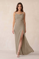 Sheath Satin Bridesmaid Dress with Side Slit in Almond - KISS BRIDAL Bridesmaid Dresses