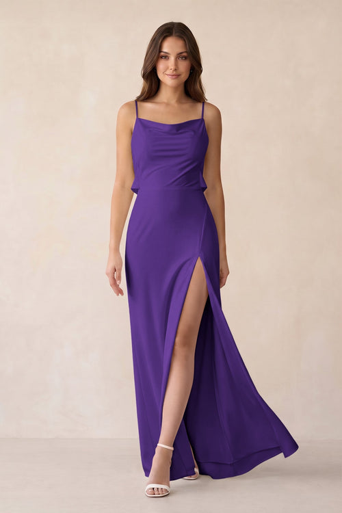 Sheath Satin Bridesmaid Dress with Side Slit in Amethyst - KISS BRIDAL Bridesmaid Dresses