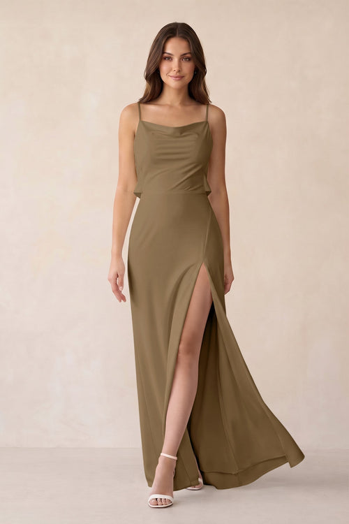 Sheath Satin Bridesmaid Dress with Side Slit in Apple Cinnamon - KISS BRIDAL Bridesmaid Dresses
