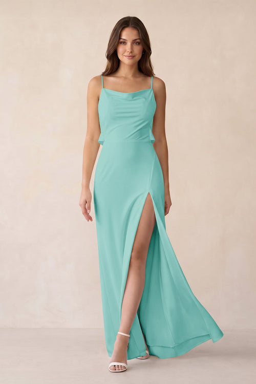 Sheath Satin Bridesmaid Dress with Side Slit in Aqua - KISS BRIDAL Bridesmaid Dresses