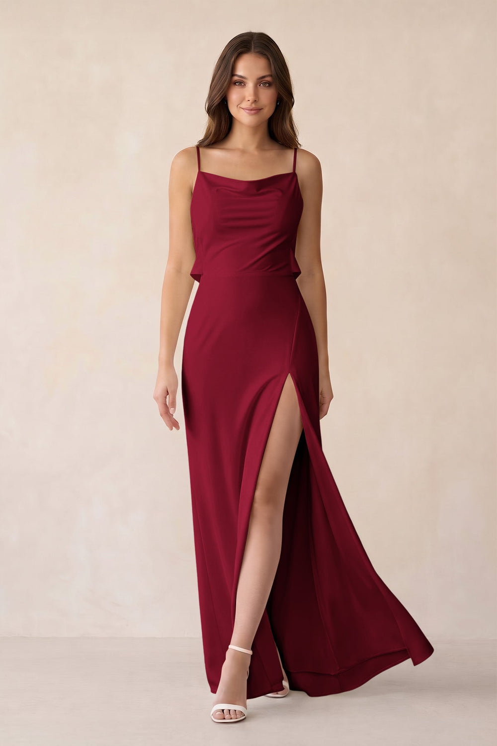 Sheath Satin Bridesmaid Dress with Side Slit in Berry - KISS BRIDAL Bridesmaid Dresses