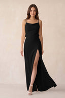 Sheath Satin Bridesmaid Dress with Side Slit in Black - KISS BRIDAL Bridesmaid Dresses