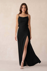 Sheath Satin Bridesmaid Dress with Side Slit in Black - KISS BRIDAL Bridesmaid Dresses