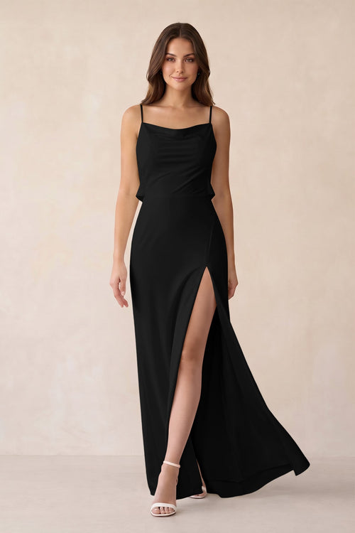 Sheath Satin Bridesmaid Dress with Side Slit in Black - KISS BRIDAL Bridesmaid Dresses