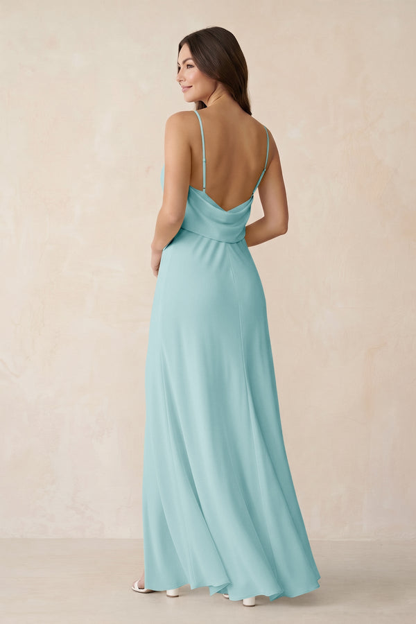 Sheath Satin Bridesmaid Dress with Side Slit in Bleached Aqua - KISS BRIDAL Bridesmaid Dresses