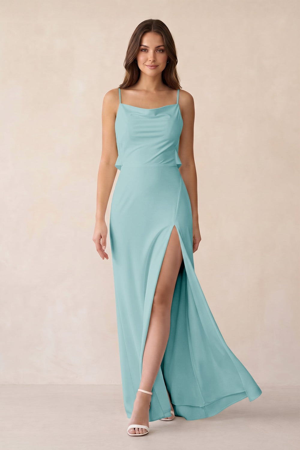 Sheath Satin Bridesmaid Dress with Side Slit in Bleached Aqua - KISS BRIDAL Bridesmaid Dresses