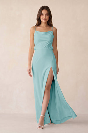 Sheath Satin Bridesmaid Dress with Side Slit in Bleached Aqua - KISS BRIDAL Bridesmaid Dresses