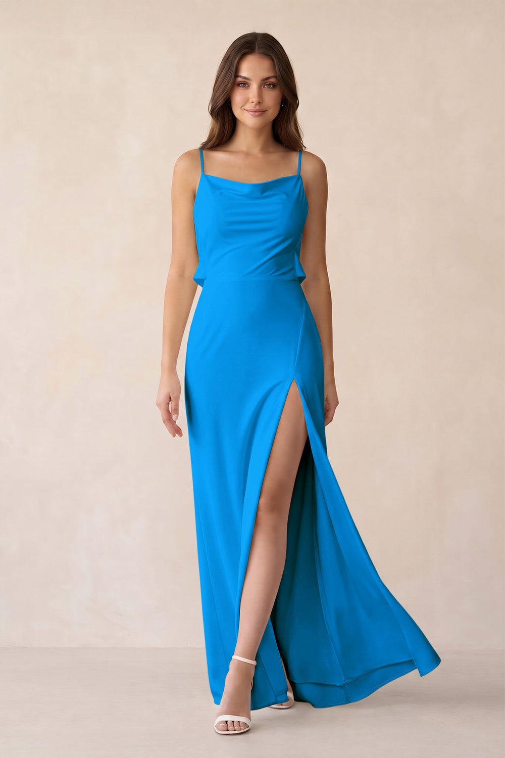 Sheath Satin Bridesmaid Dress with Side Slit in Blue Jay - KISS BRIDAL Bridesmaid Dresses