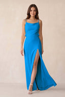 Sheath Satin Bridesmaid Dress with Side Slit in Blue Jay - KISS BRIDAL Bridesmaid Dresses