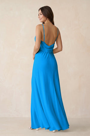 Sheath Satin Bridesmaid Dress with Side Slit in Blue Jay - KISS BRIDAL Bridesmaid Dresses