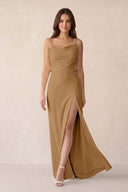 Sheath Satin Bridesmaid Dress with Side Slit in Bronzer - KISS BRIDAL Bridesmaid Dresses