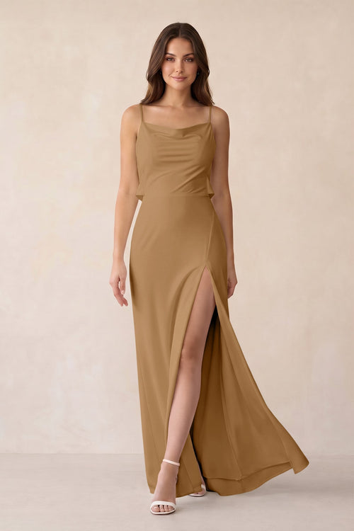 Sheath Satin Bridesmaid Dress with Side Slit in Bronzer - KISS BRIDAL Bridesmaid Dresses
