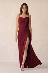 Sheath Satin Bridesmaid Dress with Side Slit in Burgundy - KISS BRIDAL Bridesmaid Dresses