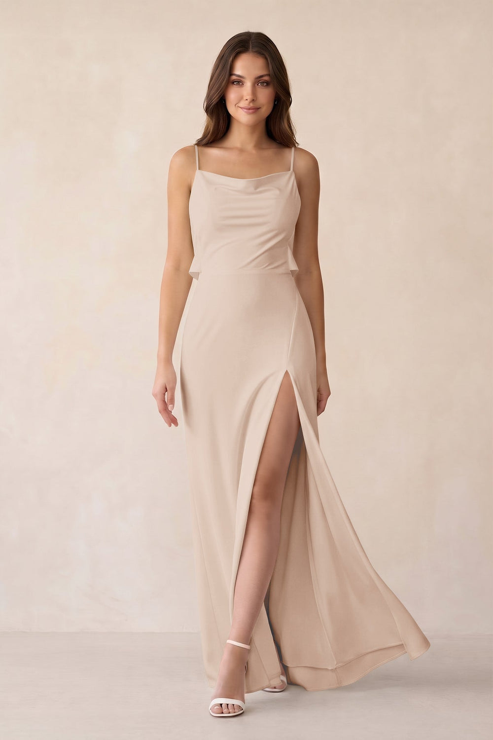 Sheath Satin Bridesmaid Dress with Side Slit in Buttercream - KISS BRIDAL Bridesmaid Dresses