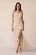 Sheath Satin Bridesmaid Dress with Side Slit in Buttercream - KISS BRIDAL Bridesmaid Dresses