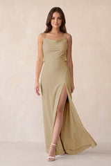 Sheath Satin Bridesmaid Dress with Side Slit in Champagne - KISS BRIDAL Bridesmaid Dresses