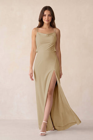 Sheath Satin Bridesmaid Dress with Side Slit in Champagne - KISS BRIDAL Bridesmaid Dresses