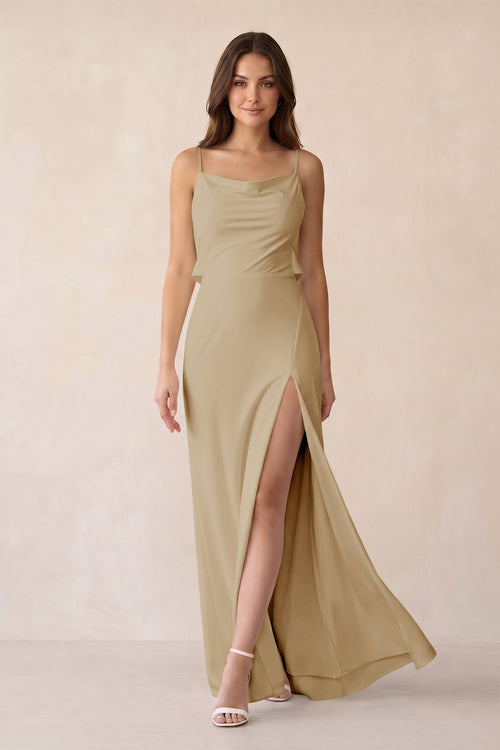 Sheath Satin Bridesmaid Dress with Side Slit in Champagne - KISS BRIDAL Bridesmaid Dresses