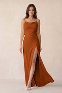Sheath Satin Bridesmaid Dress with Side Slit in Cinnamon - KISS BRIDAL Bridesmaid Dresses