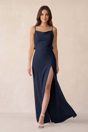 Sheath Satin Bridesmaid Dress with Side Slit in Dark Navy - KISS BRIDAL Bridesmaid Dresses