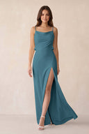 Sheath Satin Bridesmaid Dress with Side Slit in Dark Teal - KISS BRIDAL Bridesmaid Dresses