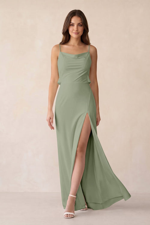 Sheath Satin Bridesmaid Dress with Side Slit in Dove Gray - KISS BRIDAL Bridesmaid Dresses