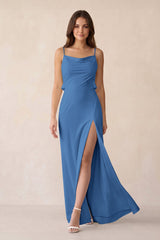 Sheath Satin Bridesmaid Dress with Side Slit in Dusty Blue - KISS BRIDAL Bridesmaid Dresses