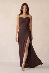 Sheath Satin Bridesmaid Dress with Side Slit in Espresso - KISS BRIDAL Bridesmaid Dresses