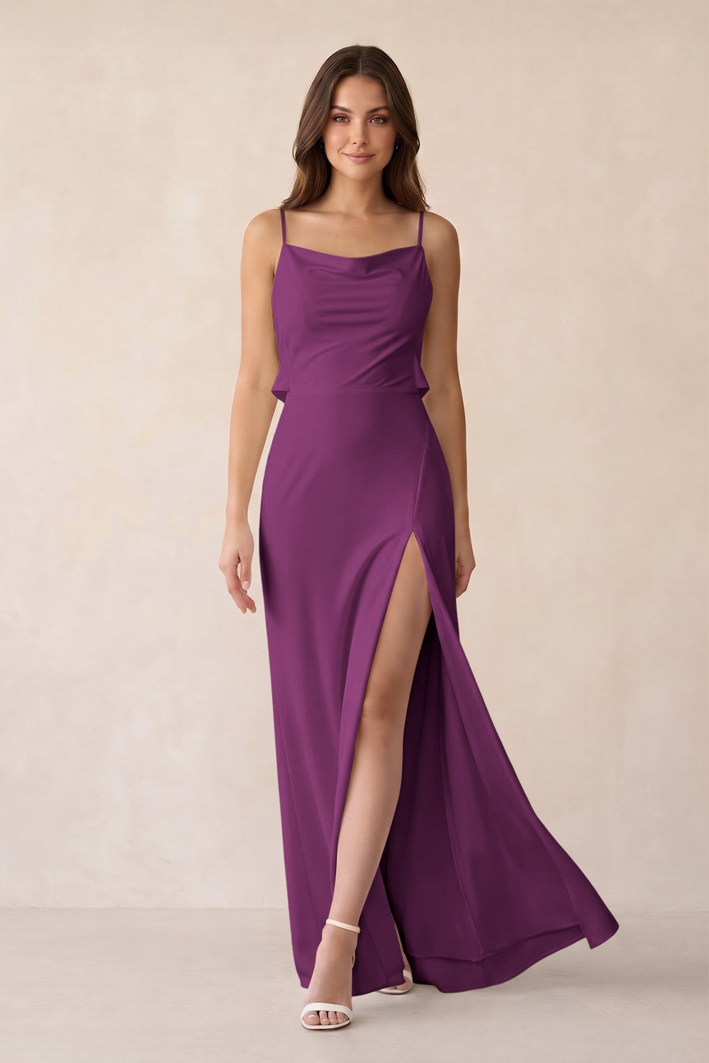 Sheath Satin Bridesmaid Dress with Side Slit in Fig - KISS BRIDAL Bridesmaid Dresses