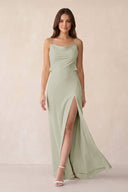 Sheath Satin Bridesmaid Dress with Side Slit in Frost - KISS BRIDAL Bridesmaid Dresses