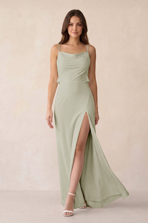 Sheath Satin Bridesmaid Dress with Side Slit in Frost - KISS BRIDAL Bridesmaid Dresses