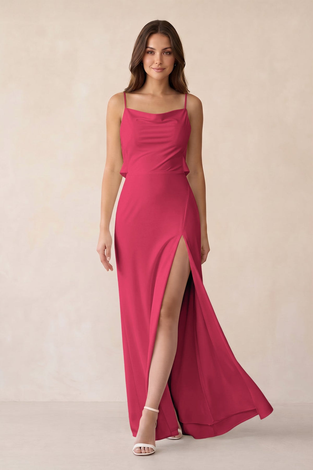 Sheath Satin Bridesmaid Dress with Side Slit in Fuchsia - KISS BRIDAL Bridesmaid Dresses