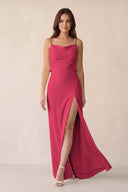 Sheath Satin Bridesmaid Dress with Side Slit in Fuchsia - KISS BRIDAL Bridesmaid Dresses