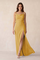 Sheath Satin Bridesmaid Dress with Side Slit in Gold - KISS BRIDAL Bridesmaid Dresses