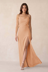 Sheath Satin Bridesmaid Dress with Side Slit in Golden Champagne - KISS BRIDAL Bridesmaid Dresses