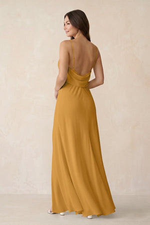 Sheath Satin Bridesmaid Dress with Side Slit in Marigold - KISS BRIDAL Bridesmaid Dresses