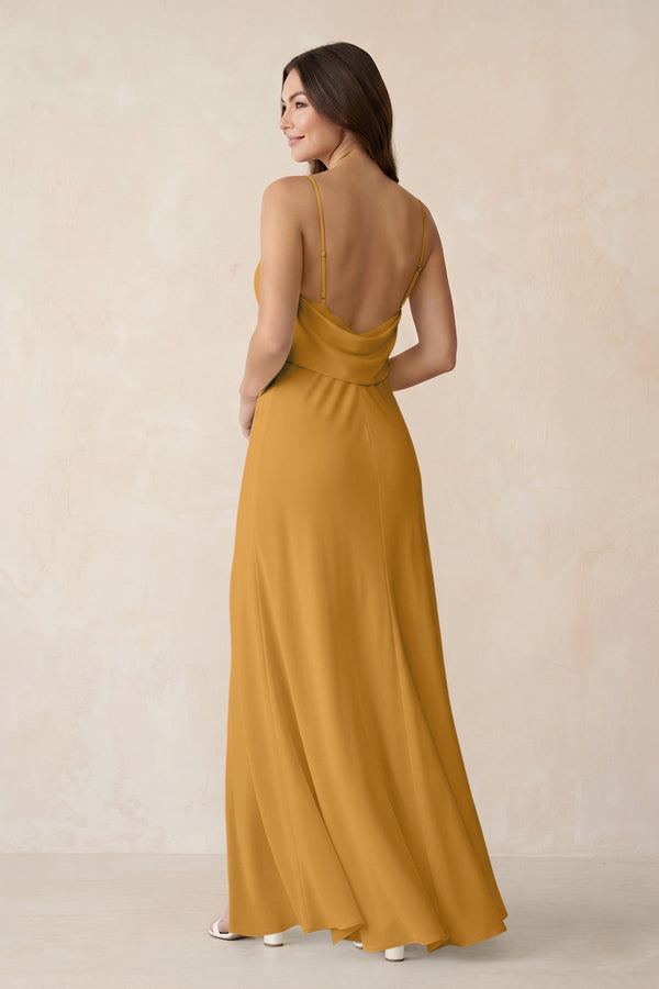 Sheath Satin Bridesmaid Dress with Side Slit in Marigold - KISS BRIDAL Bridesmaid Dresses