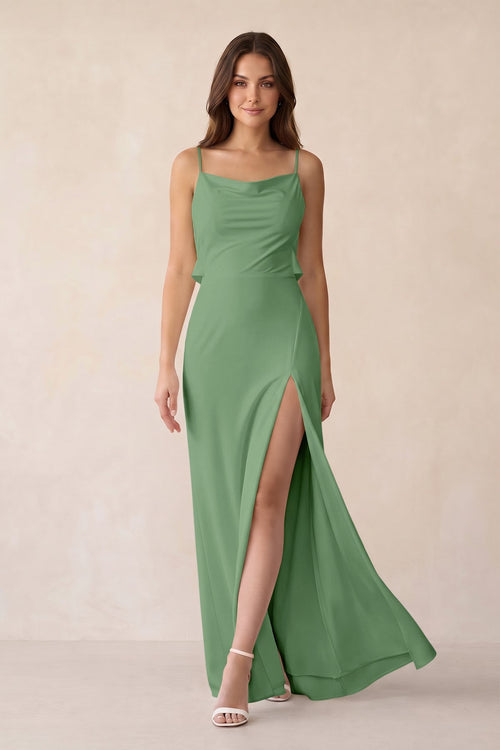 Sheath Satin Bridesmaid Dress with Side Slit in Matcha - KISS BRIDAL Bridesmaid Dresses