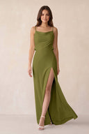 Sheath Satin Bridesmaid Dress with Side Slit in Moss Green - KISS BRIDAL Bridesmaid Dresses