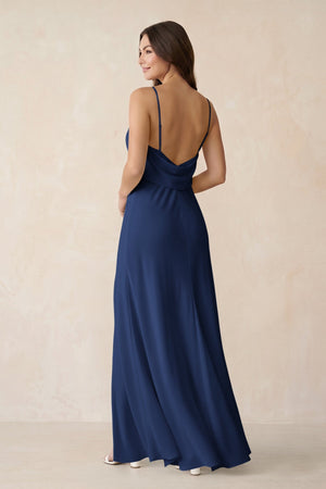 Sheath Satin Bridesmaid Dress with Side Slit in Navy - KISS BRIDAL Bridesmaid Dresses