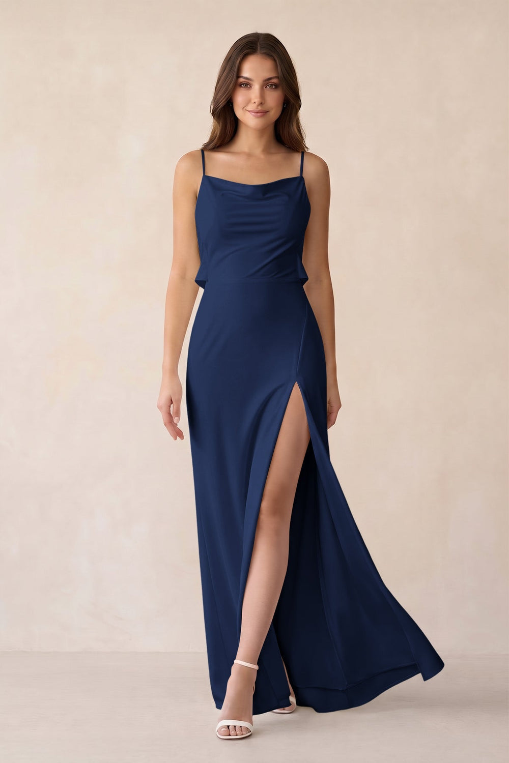 Sheath Satin Bridesmaid Dress with Side Slit in Navy - KISS BRIDAL Bridesmaid Dresses
