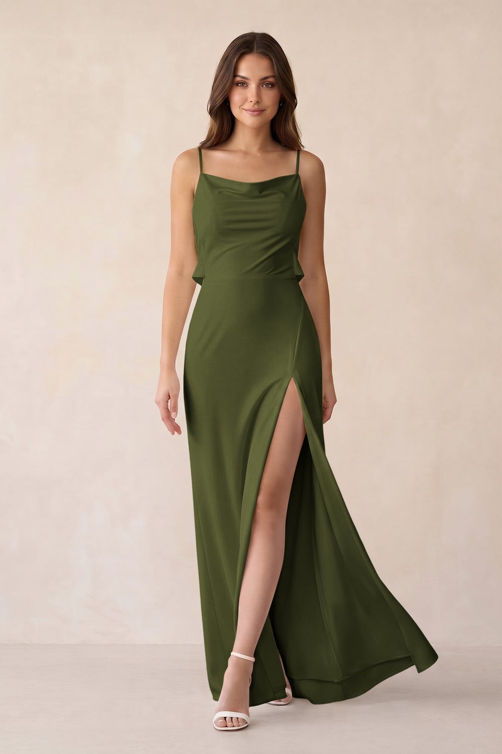 Sheath Satin Bridesmaid Dress with Side Slit in Olive - KISS BRIDAL Bridesmaid Dresses