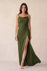 Sheath Satin Bridesmaid Dress with Side Slit in Olive - KISS BRIDAL Bridesmaid Dresses