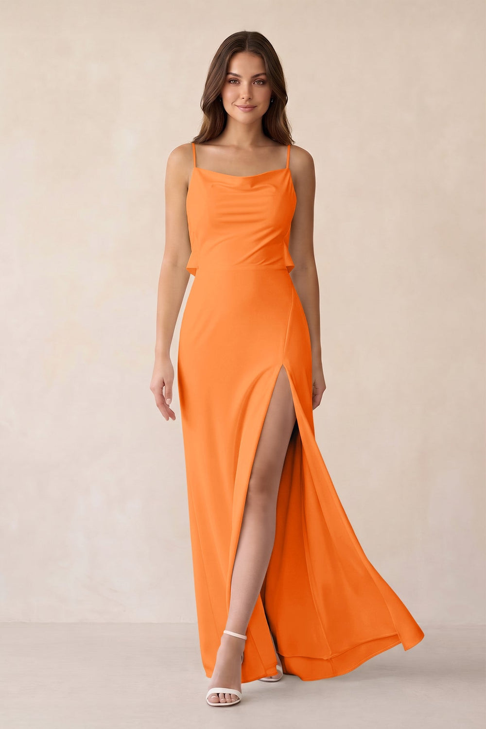 Sheath Satin Bridesmaid Dress with Side Slit in Orange - KISS BRIDAL Bridesmaid Dresses