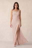 Sheath Satin Bridesmaid Dress with Side Slit in Pale Blush - KISS BRIDAL Bridesmaid Dresses