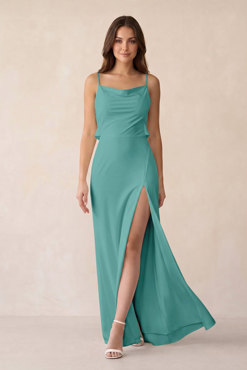 Sheath Satin Bridesmaid Dress with Side Slit in Pale Pistachio - KISS BRIDAL Bridesmaid Dresses